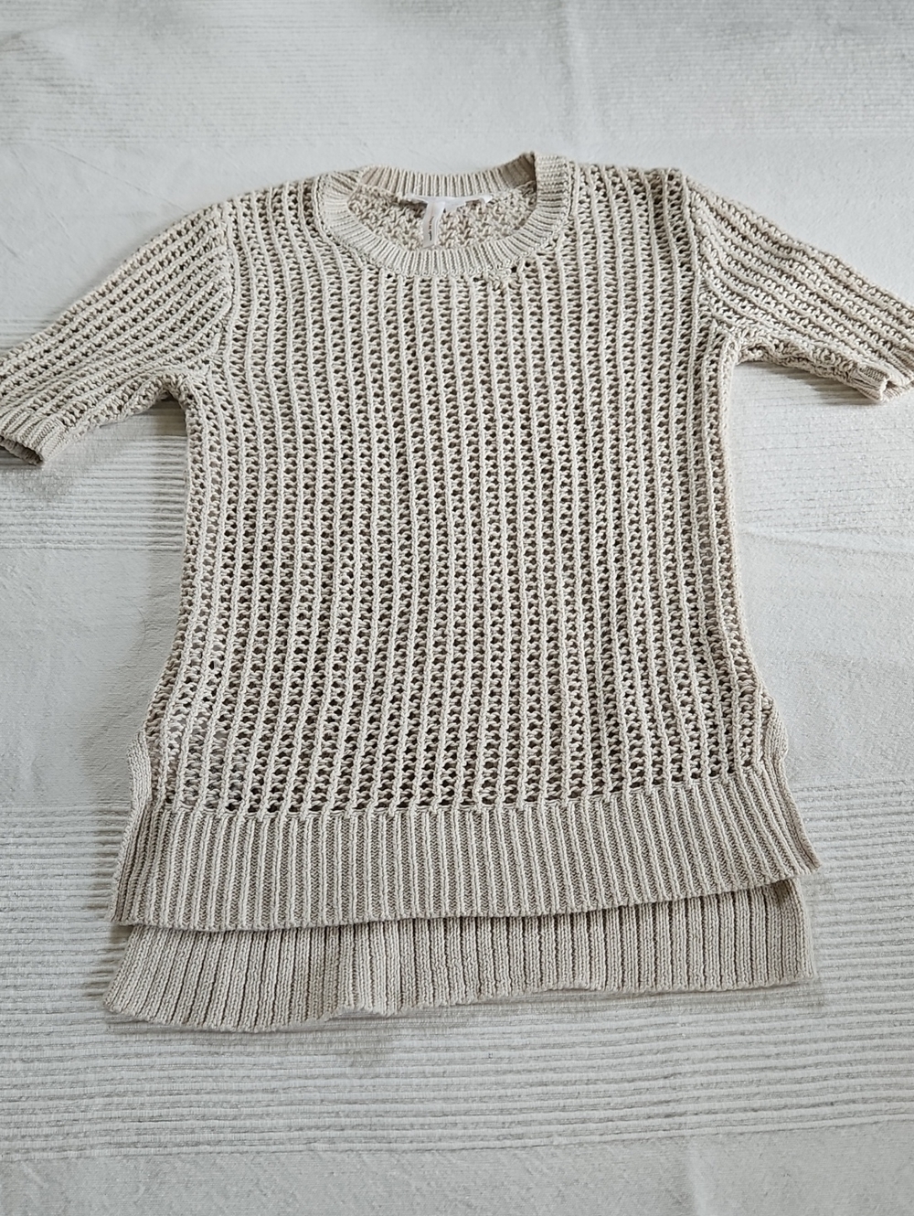 BCBGeneration Cream Open-Weave Short-Sleeve Knit Sweater